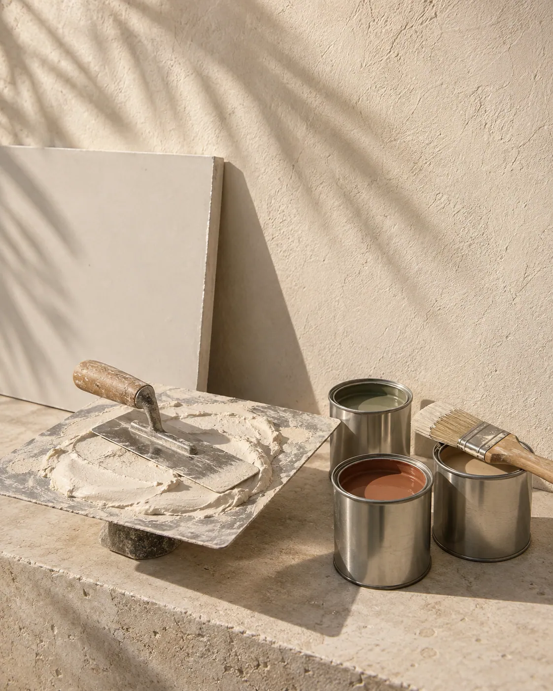A plastering trowel with white plaster, gypsum board and paint tins